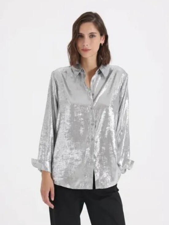 Vince Tops - Vince Velvet Shimmery Silver Long Sleeve Blouse Sz.S. Pearl Buttons! Elegant!EUC